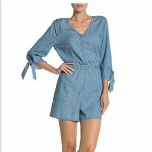 SUSINA blue denim chambray tie sleeve romper